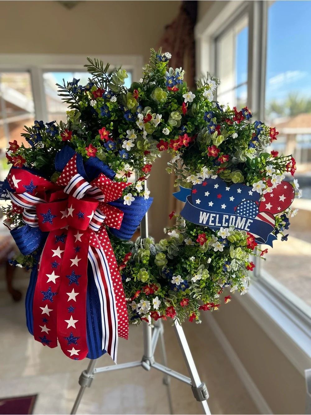 Patriotic Red, White & Blue Welcome Holiday Wreath with Bow